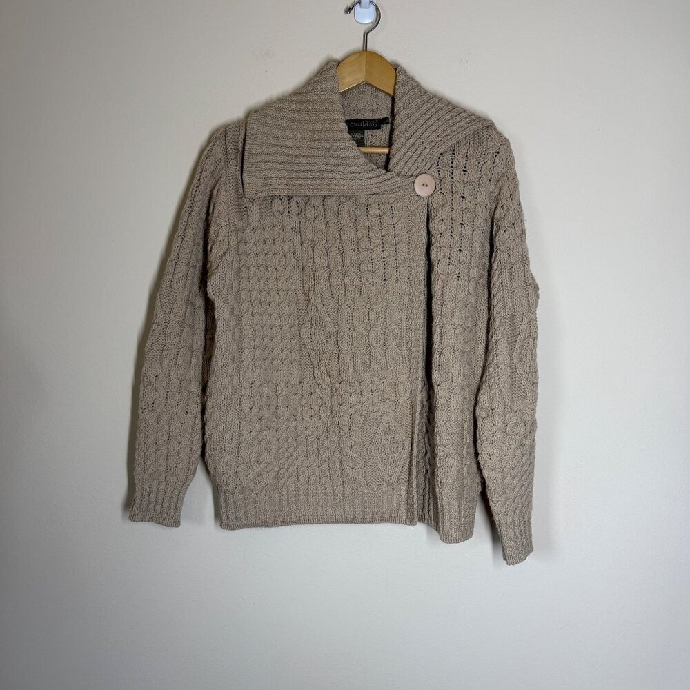 Inis Crafts One Button Merino Wool Cardigan Womens Size L Fisherman Cabincore - Picture 2 of 8
